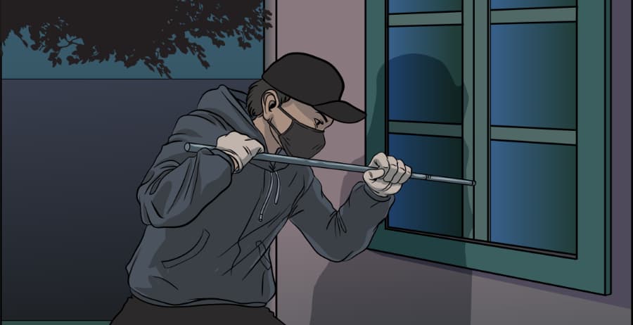Illustration of burglar forcing entry through a window in Bakersfield