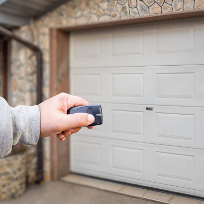 Bakersfield security key fob pointing to a garage door